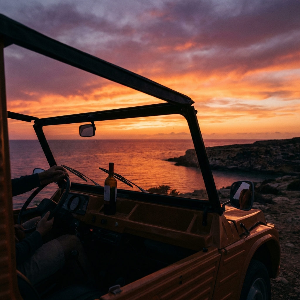 Coppia in Mehari che ammira il tramonto sulla costa di Lampedusa