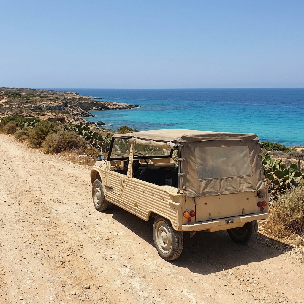Mehari elettrica su strada panoramica di Lampedusa con vista mare