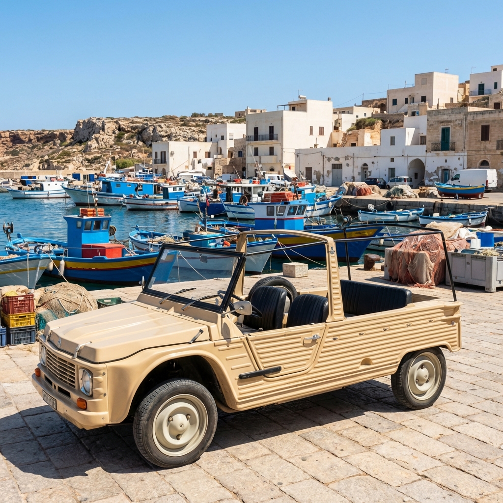 Mehari parcheggiata al porto di Lampedusa